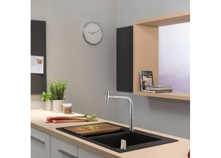 Змішувач для кухні Hansgrohe Metris Select 200 з висувним зливом Sbox 73818000
