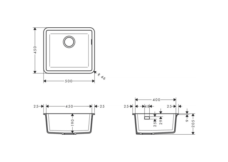 Кухонная мойка Hansgrohe S510-U450 под столешницу 500х450 Graphiteblack 43431170
