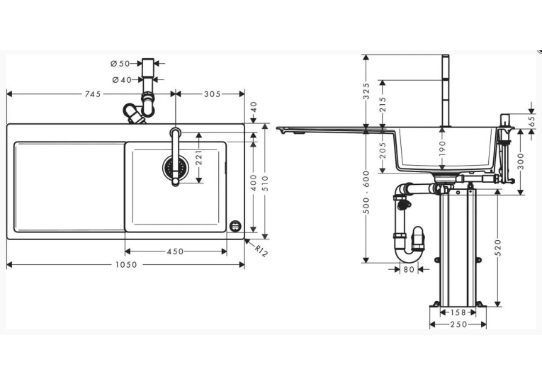 Кухонный комплект мойка со смесителем Hansgrohe C51-F450-08, хром 43219000