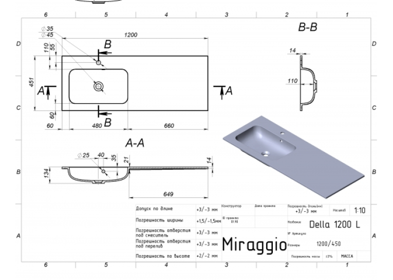 Умивальник Miraggio Della 1200 L Глянець