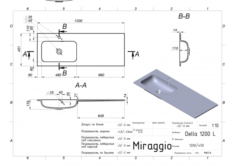 Умивальник Miraggio Della 1200 L Глянець
