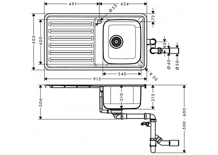 Кухонна мийка Hansgrohe S4111-F340 на стільницю 915х505 із сифоном 43340800
