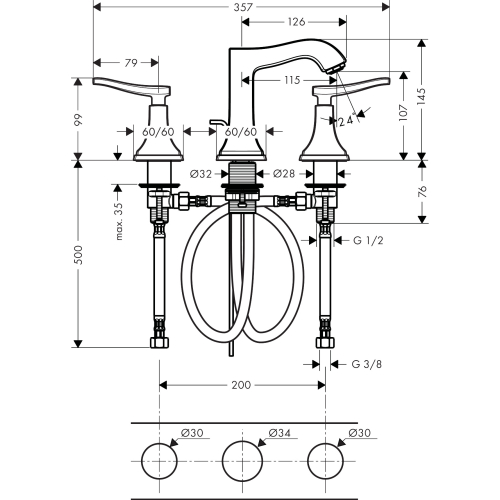 Смеситель для раковины на 3 отверстия Hansgrohe Metropol Classic 31330000