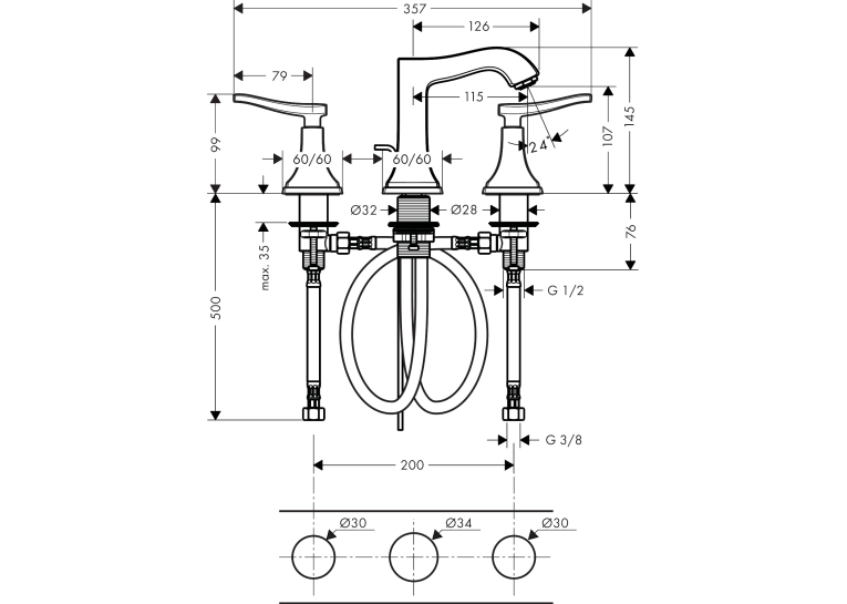 Змішувач для раковини на 3 отвори Hansgrohe Metropol Classic 31330000