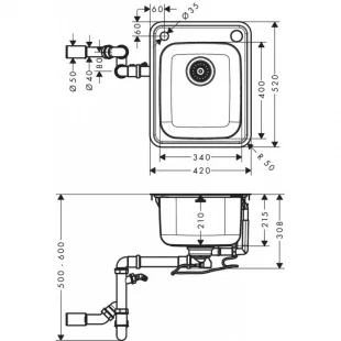 Кухонная мойка Hansgrohe S412-F340 на столешницу 420х520 с сифоном automatic 43334800