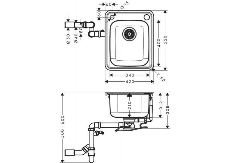 Кухонная мойка Hansgrohe S412-F340 на столешницу 420х520 с сифоном automatic 43334800