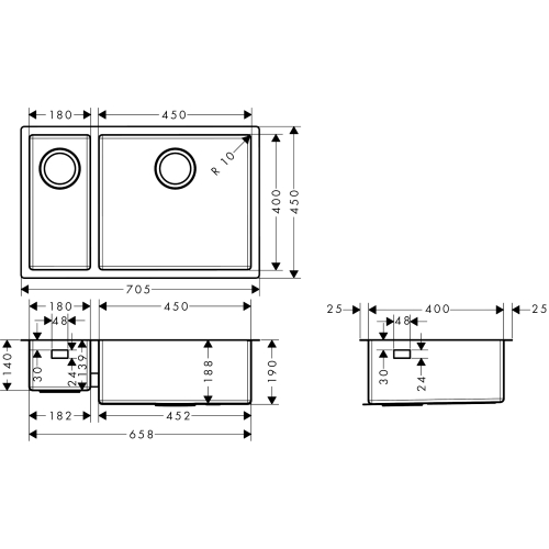 Кухонная мойка под столешницу Hansgrohe S719-U655 две чаши 180/450 Stainless Steel 43429800