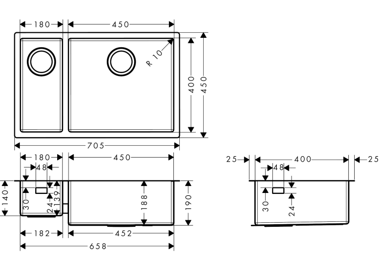 Кухонна мийка під стільницю Hansgrohe S719-U655 дві чаші 180/450 Stainless Steel 43429800