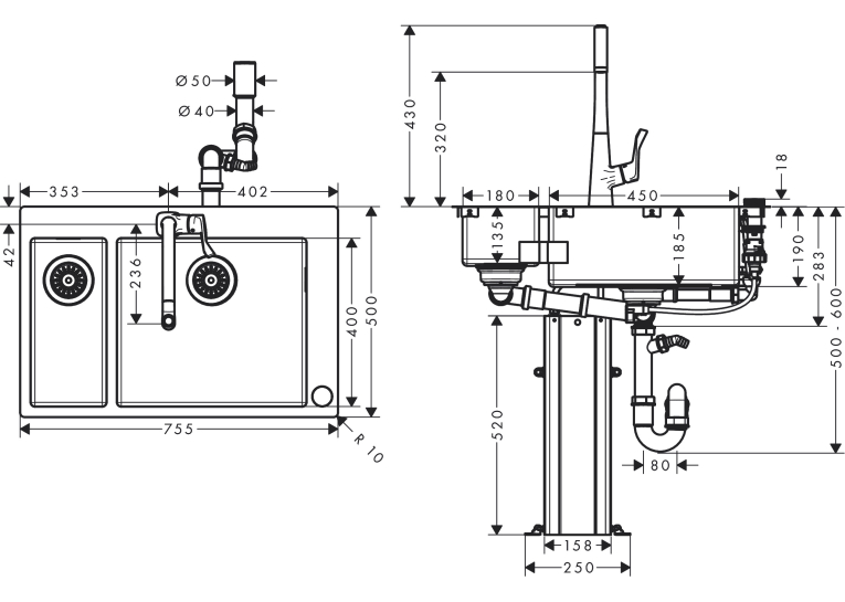 Кухонний комплект мийка із змішувачем Hansgrohe C71-F655-04 43210800
