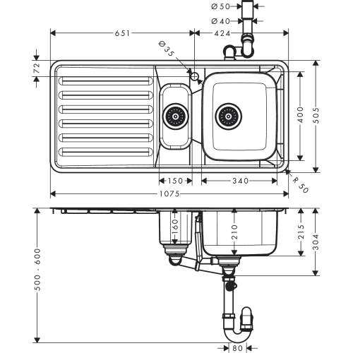 Кухонная мойка Hansgrohe S4111-F540 на столешницу 1075х505 с сифоном 43342800
