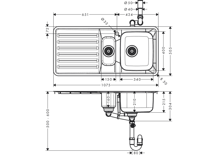 Кухонна мийка Hansgrohe S4111-F540 на стільницю 1075х505 із сифоном 43342800