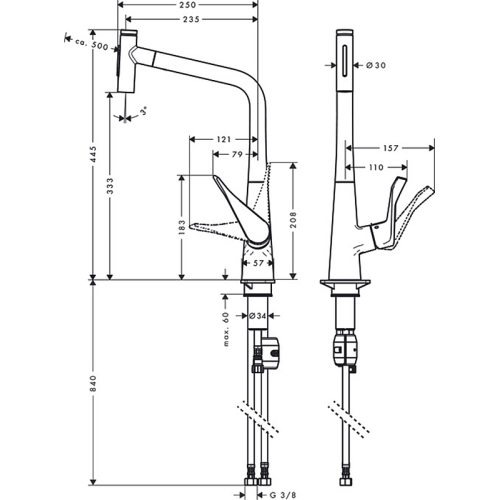 Смеситель для кухни Hansgrohe Metris Select 320 2jet с выдвижным изливом 73820000