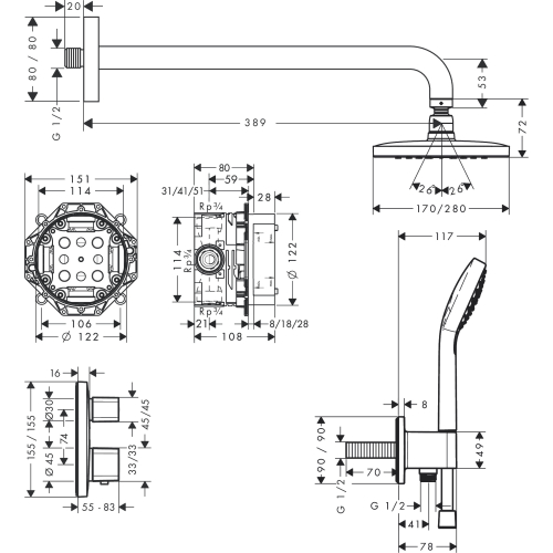 Душевой комплект Hansgrohe Croma E 280 1jet Ecostat E 7в1 27953000 хром