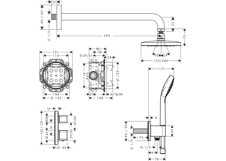 Душовий комплект Hansgrohe Croma E 280 1jet Ecostat E 7в1 27953000 хром