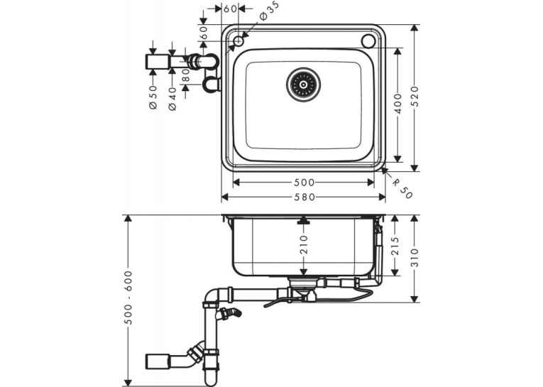 Кухонная мойка Hansgrohe S412-F500 на столешницу 580х520 с сифоном automatic 43336800