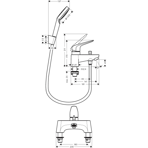 Смеситель на борт ванны Hansgrohe Novus + комплект душевой лейки Croma Select 71044000