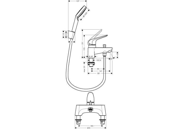 Змішувач на борт ванни Hansgrohe Novus + комплект душової лійки Croma Select 71044000