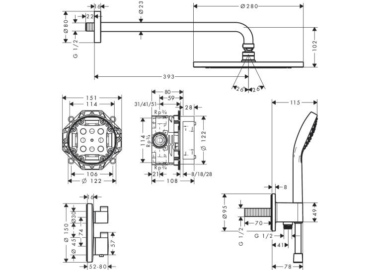 Душевой комплект Hansgrohe Croma 280 1jet Ecostat S 7в1 27954000 хром