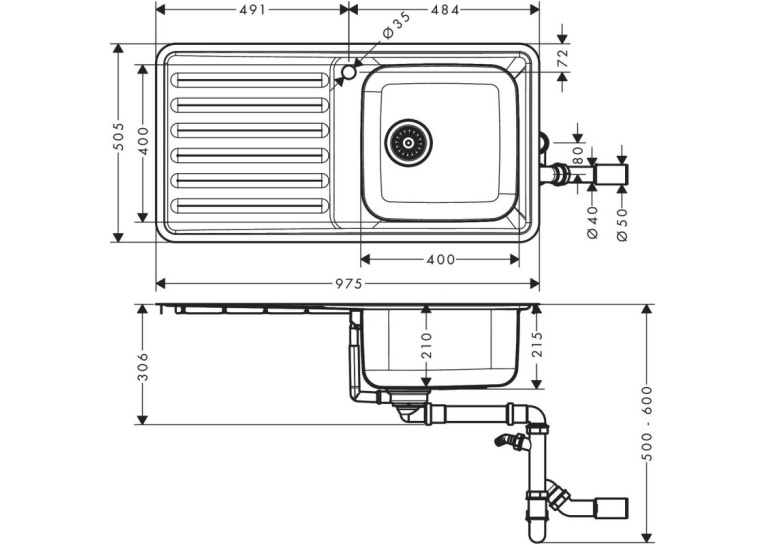 Кухонна мийка Hansgrohe S4111-F400 на стільницю 975х505 із сифоном 43341800