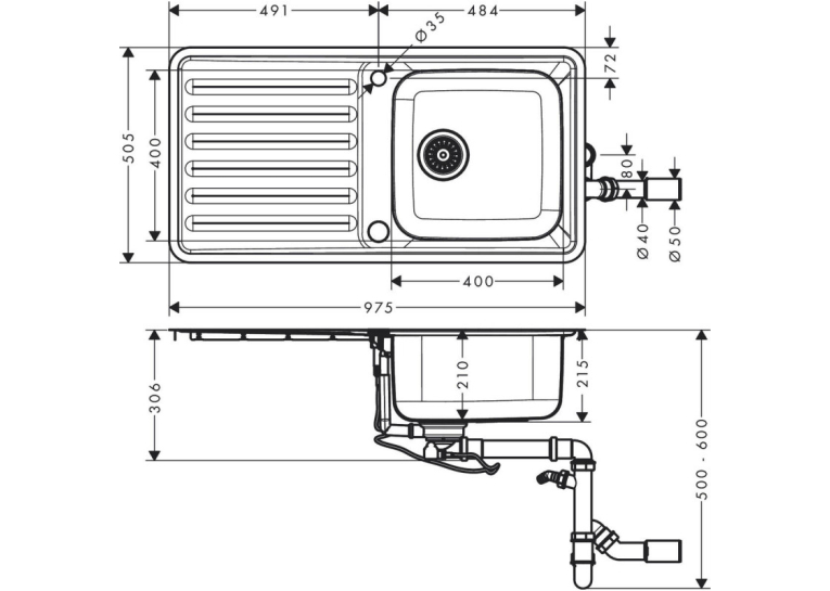 Кухонная мойка Hansgrohe S4113-F400 на столешницу 975х505 с сифоном automatic 43338800