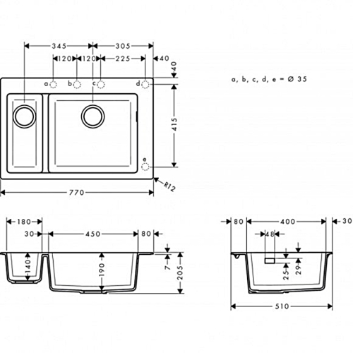 Кухонная мойка Hansgrohe S510-F635 770х510 на две чаши 180/450 Graphiteblack 43315170
