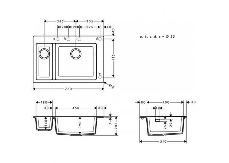 Кухонна мийка Hansgrohe S510-F635 770х510 на дві чаші 180/450 Graphiteblack 43315170