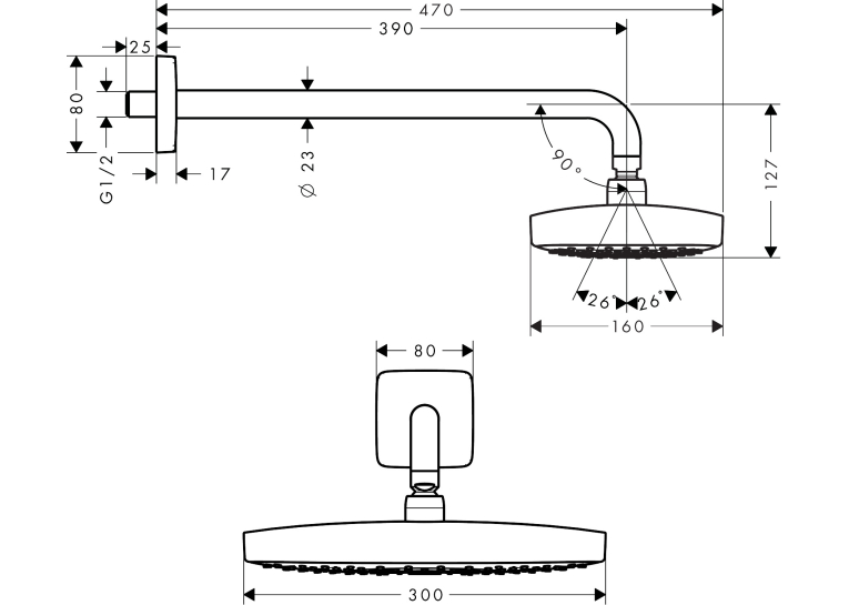 Верхній душ Hansgrohe Raindance Select E 300 2jet Air EcoSmart 9 л/хв з утримувачем 26609000