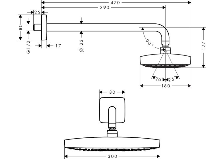 Верхній душ Hansgrohe Raindance Select E 300 2jet Air EcoSmart 9 л/хв з утримувачем 26609000