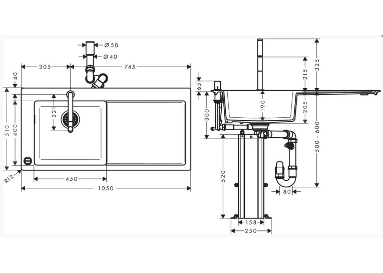 Кухонний комплект мийка із змішувачем Hansgrohe C51-F450-12, хром 43228000