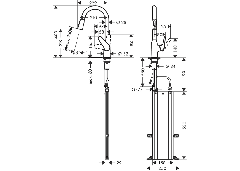 Змішувач для кухні Hansgrohe Focus M42 з висувним зливом Sbox Chrome 71820000