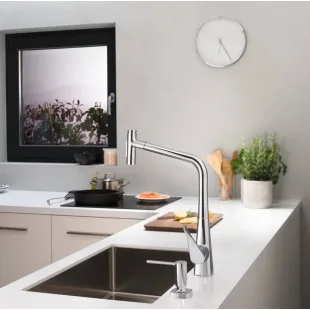 Смеситель для кухни Hansgrohe Metris Select 320 2jet с выдвижным изливом Sbox 73816000