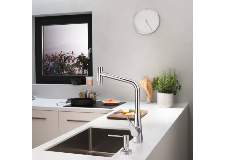 Смеситель для кухни Hansgrohe Metris Select 320 2jet с выдвижным изливом Sbox 73816000