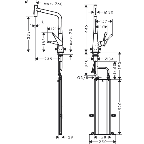 Смеситель для кухни Hansgrohe Metris Select 320 2jet с выдвижным изливом Sbox 73816000