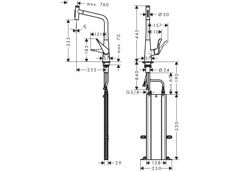 Смеситель для кухни Hansgrohe Metris Select 320 2jet с выдвижным изливом Sbox 73816000