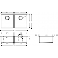 Кухонная мойка под столешницу Hansgrohe S719-U755 две чаши 370/370 Stainless Steel 43430800