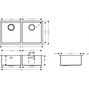 Кухонная мойка под столешницу Hansgrohe S719-U755 две чаши 370/370 Stainless Steel 43430800