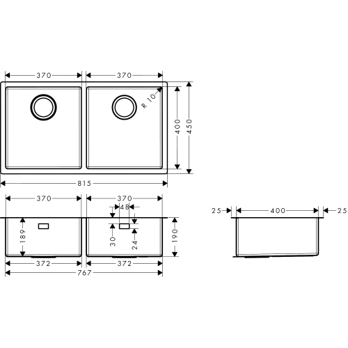 Кухонная мойка под столешницу Hansgrohe S719-U755 две чаши 370/370 Stainless Steel 43430800