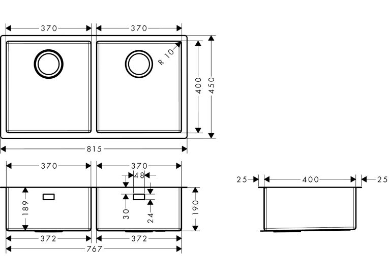 Кухонна мийка під стільницю Hansgrohe S719-U755 дві чаші 370/370 Stainless Steel 43430800
