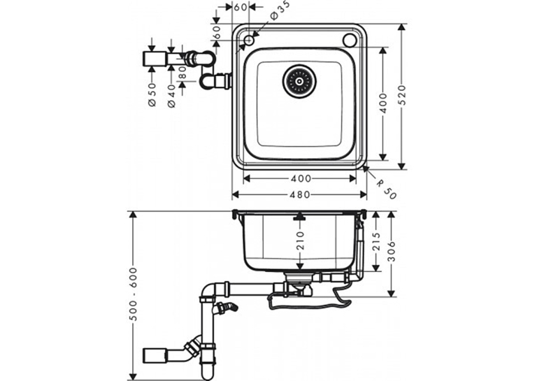 Кухонная мойка Hansgrohe S412-F400 на столешницу 480х520 с сифоном automatic 43335800
