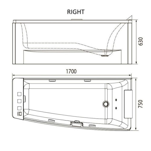 Ванная гидромассажная акриловая Volle 170x75x63 cм правая 12-88-102/R