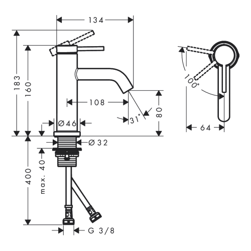 Змішувач Hansgrohe Tecturis S 80 CoolStart для умивальника без донного клапана, Brushed Bronze (73301140) (Пошкоджене пакування)