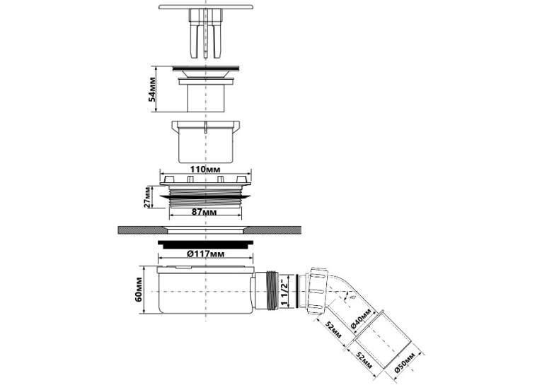 Сифон для поддона McALPINE d90мм, h60мм, выход 40/50, хром HC2730LCPN-PB