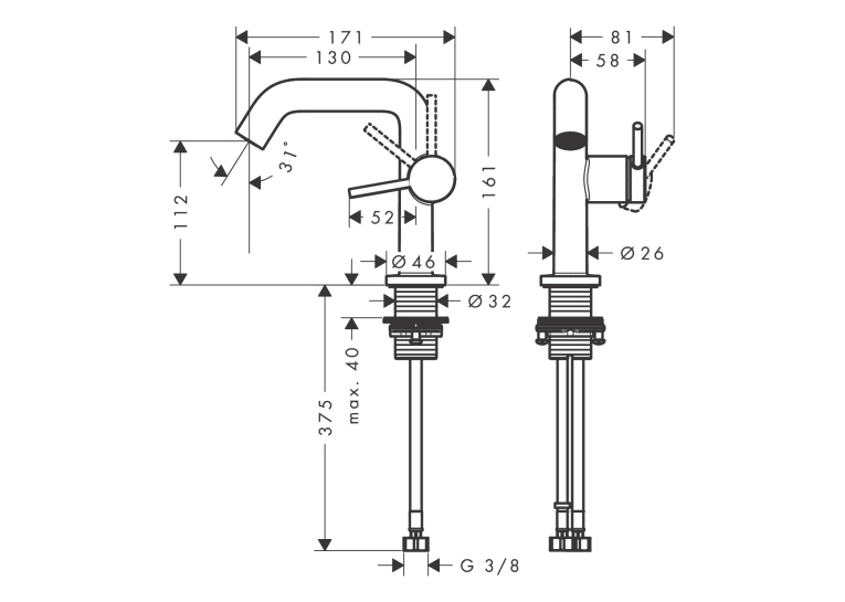 Змішувач Hansgrohe Tecturis S 110 Fine CoolStart  для умивальника без донного клапана, Matt Black (73321670)