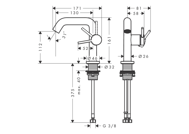 Змішувач Hansgrohe Tecturis S 110 Fine CoolStart  для умивальника без донного клапана, Matt Black (73321670)