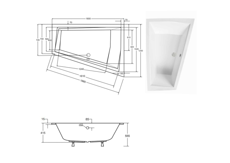 Ванна акриловая Besco INTIMA DUO SLIM 180х125 Правая (соло), без ног #WAID-180-SP
