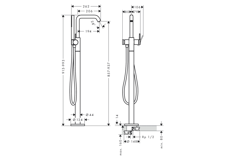 Смеситель Hansgrohe Tecturis S для напольной ванны, Chrome (73440000)
