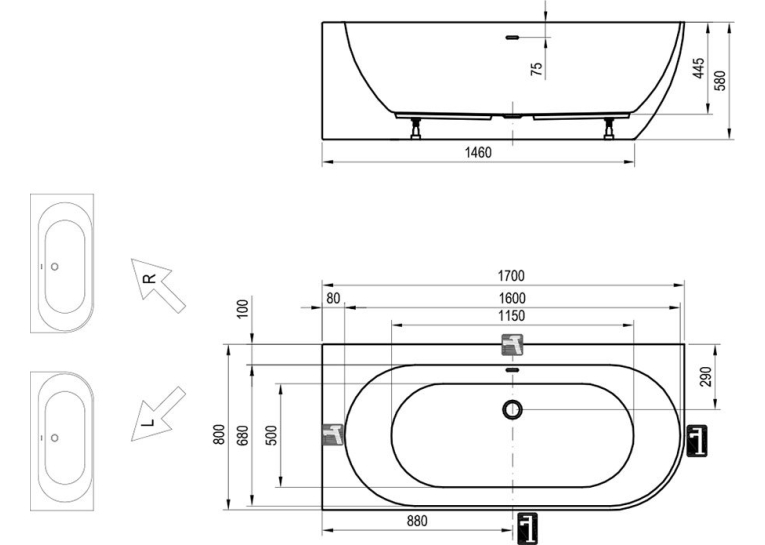 Ванна Ravak FREEDOM Corner R 170x80 см XC00100040
