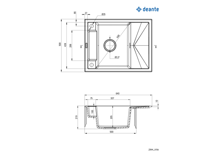 Мийка кухонна Deante Magnetic, граніт, прямокут., з крилом, 640х500х219мм, чаша - 1, врізна, сірий ZRM_S11A