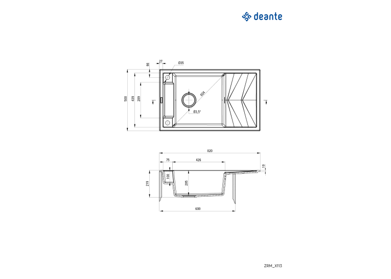 Мийка кухонна Deante Magnetic, граніт, прямокут., з крилом, 820х500х219мм, чаша - 1, накладна, чорний матовий ZRM_N113