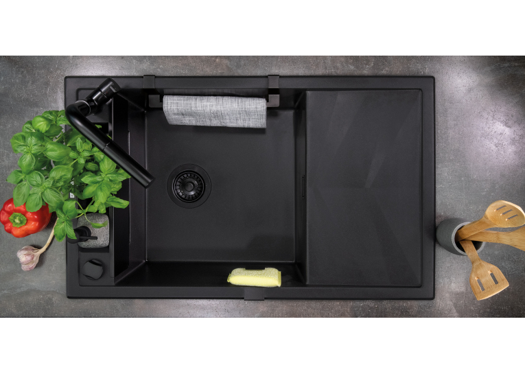 Мийка кухонна Deante Magnetic, граніт, прямокут., з крилом, 820х500х219мм, чаша - 1, накладна, чорний матовий ZRM_N113